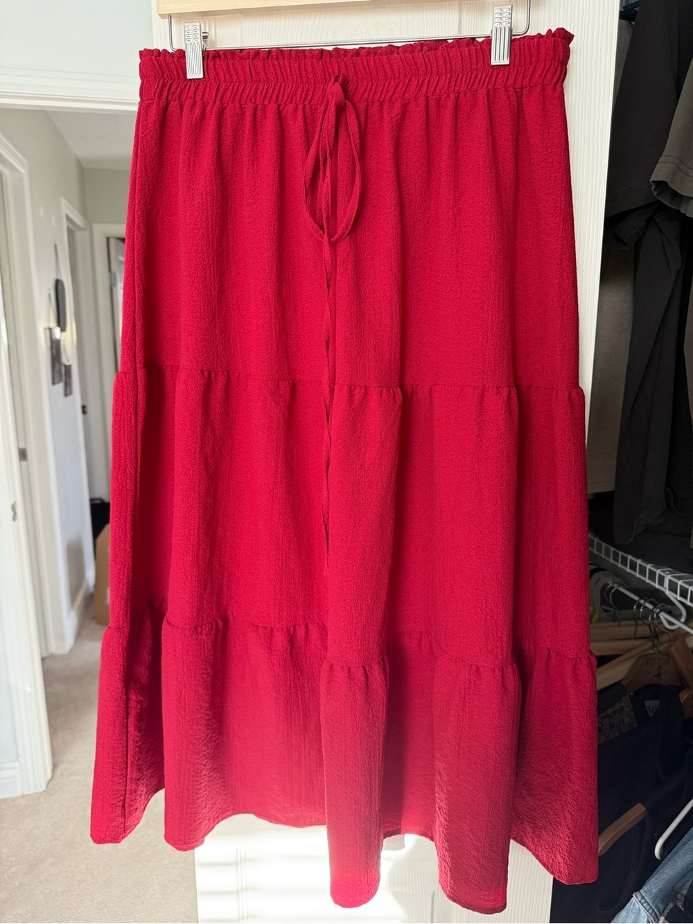 Women's Red Tiered Maxi Skirt - Lightweight Casual